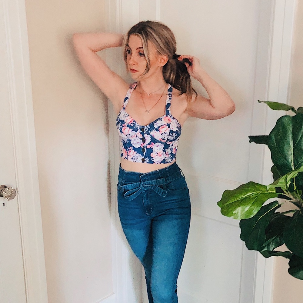 Floral Denim Crop Top - Button Up // Pac-Sun